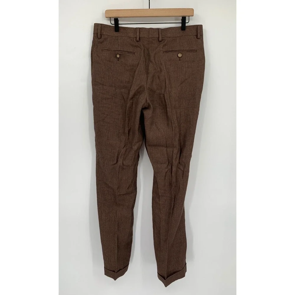 Murano Baird Mcnutt Pants Mens 34x32 Brown Linen Alex Slim Trousers Pleated Cuff
